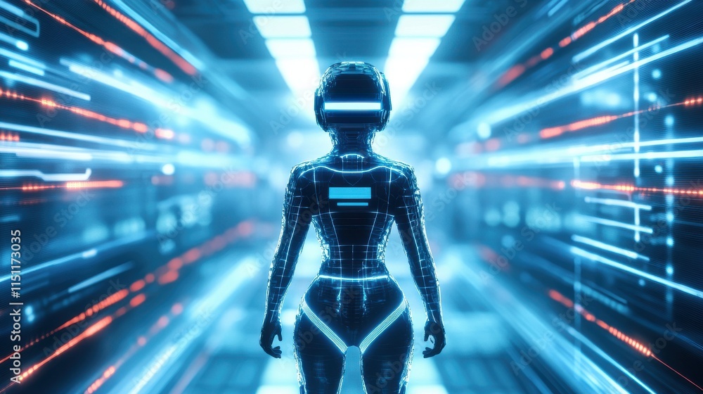 Poster futuristic woman with neon lines in a high-tech environment, depicting artificial intelligence and v