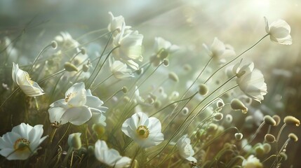 Fototapeta premium Serene White Flowers in Sunlight: A Dreamy Meadow