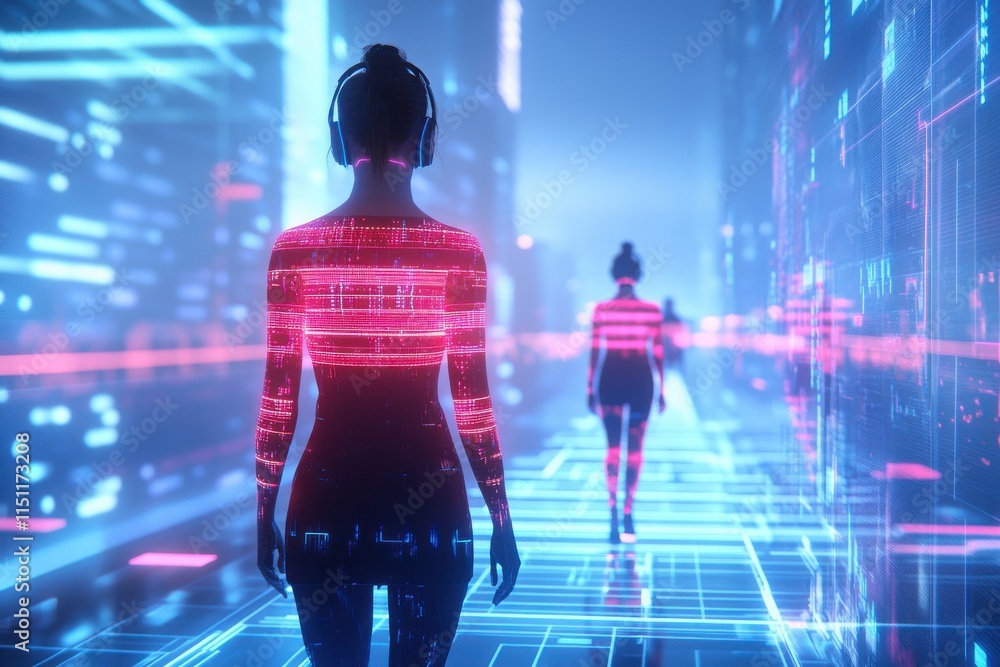 Poster futuristic cityscape with digital elements and network data flow highlighting a woman walking in a t