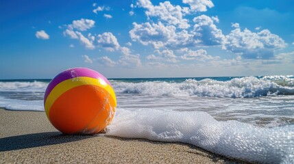 Obraz premium Colorful Beach Ball on Sandy Shore with Waves and Blue Sky