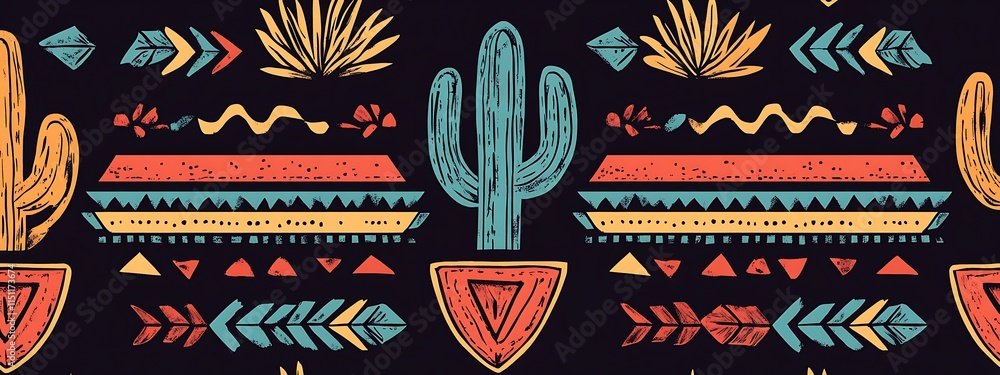 Poster Seamless pattern with cactus and tribal aztec elements.