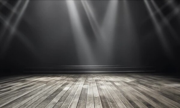 An empty stage illuminated by spotlights, surrounded by darkness, creating a dramatic and captivating atmosphere for performances.