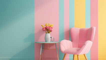 Abstract minimal concept. Pastel multi colour vibrant groovy retro striped background wall frame with bright armchair decor. Mock up template for product presentation. 3D rendering. copy text space