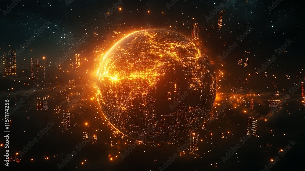 Poster a glowing, digital representation of a planet surrounded by futuristic structures.