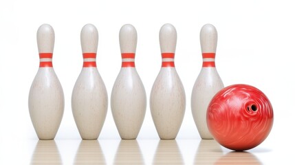 Naklejka premium A vibrant red bowling ball poised to strike five white pins, showcasing the classic setup of a bowling game.