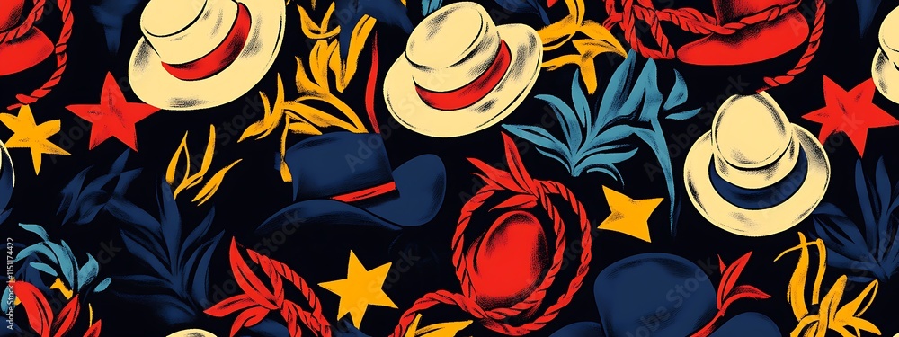 Poster seamless pattern with cowboy and summer hats.