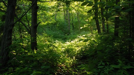 Fototapeta premium Sunlit Forest Path: A Serene Escape into Nature's Embrace