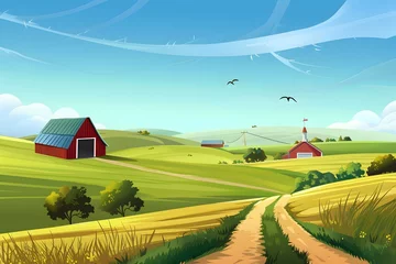 Fototapete Rund A peaceful country landscape with rolling hills, rustic barns, and open fields beneath a clear blue sky. © Zaidan