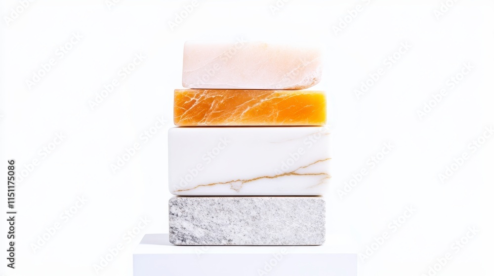 Poster a minimalist stack of colorful soap bars showcases various textures and colors, highlighting the bea