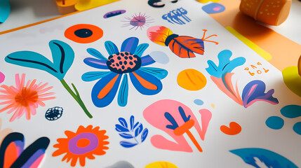 Naklejka premium Bright and colorful children workbook page featuring various floral designs, playful shapes, and vibrant colors, perfect for engaging young learners in creative activities