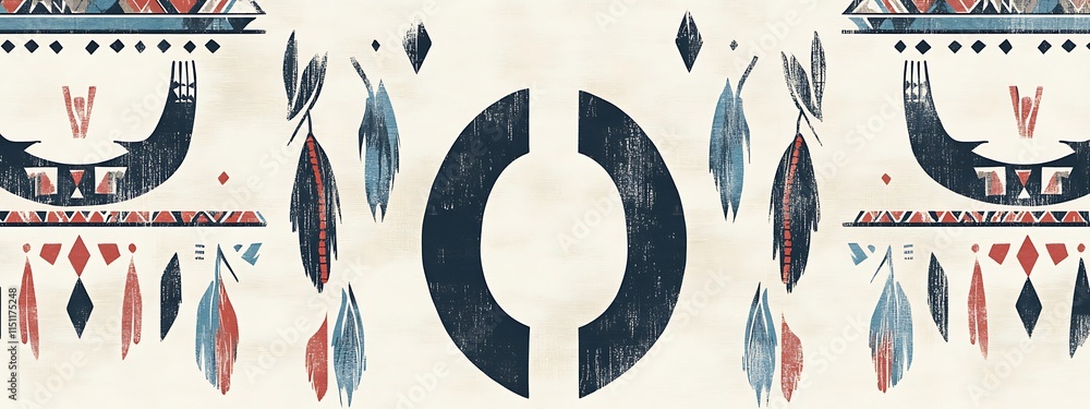 Poster tribal pattern with feathers and geometric shapes.