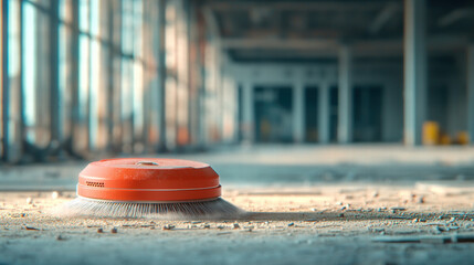 Dust crisis city life A red circular object rests on the dusty floor of an unfinished building interior.