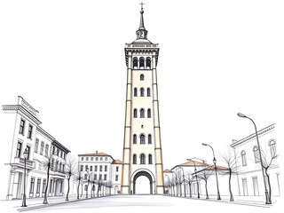 Obraz premium Elegant City Tower Sketch: Detailed Line Art Illustration. AI Generated