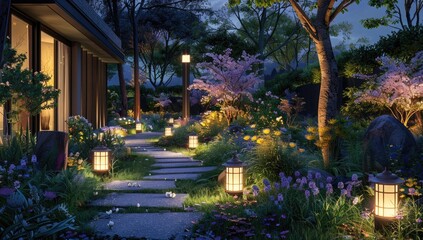 Obraz premium A modern garden landscape with an illuminated pathway leading to a residential house, highlighting ambient lighting installations and vibrant flowers