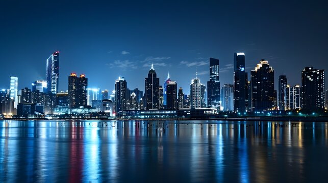 A breathtaking view of an illuminated city skyline at night, showcasing modern architecture and vibrant lights.