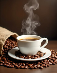 A cup of coffee with steam rising from it on a saucer surrounded by coffee beans and a bag of coffee.