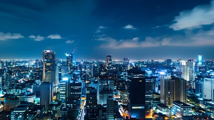 Fototapeta premium An illuminated city skyline glowing under the night sky, highlighting the beauty of urban lights and tall buildings.
