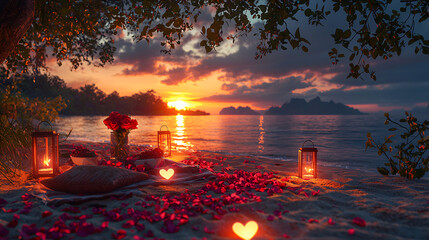 Romantic Sunset Beach Picnic, Rose Petals - Romantic scenes