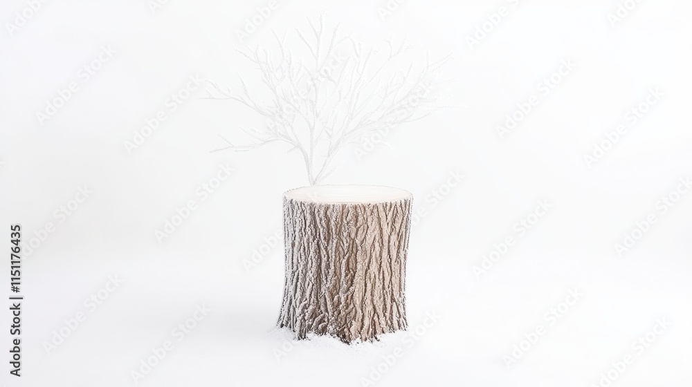 Poster a minimalist display featuring a tree stump with delicate branches, set against a clean, white backg