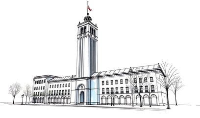 Obraz premium Elegant City Hall Sketch: Detailed Line Drawing. AI Generated