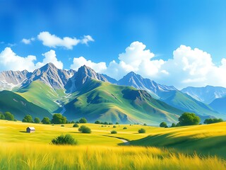 Fototapeta premium Vibrant Summer Mountain Valley Landscape Illustration. AI Generated