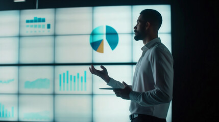 Businessman Presenting Data on Interactive Wall