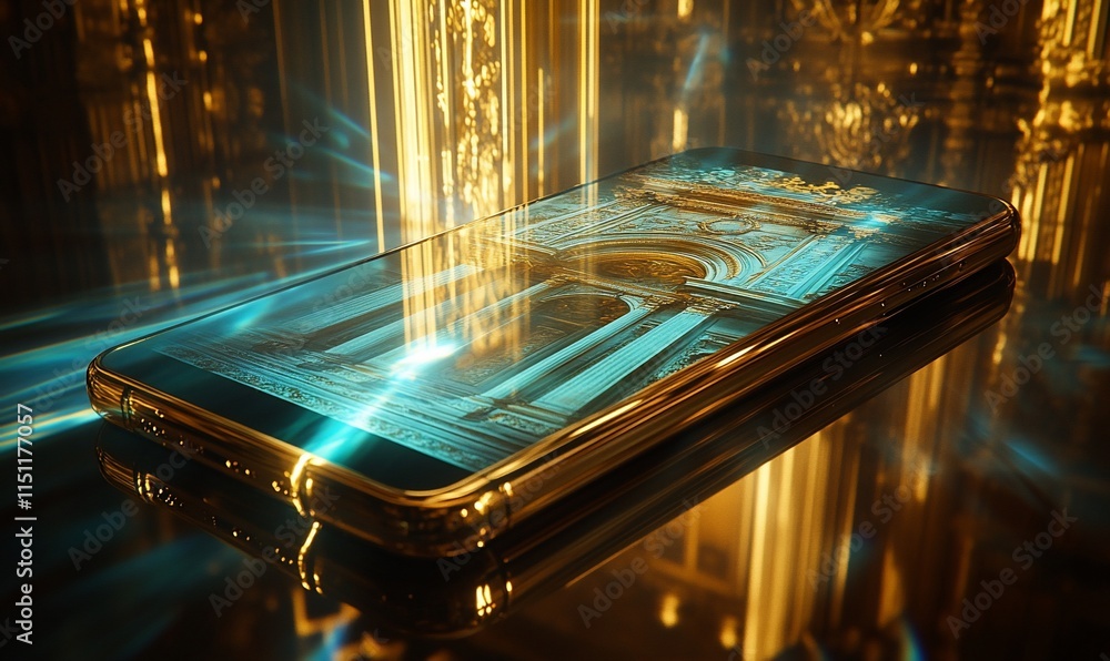 Poster a luxurious smartphone displaying an architectural design in a golden environment.