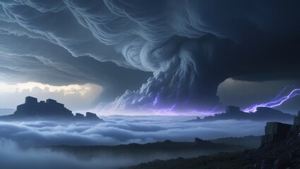 Naklejka premium A dramatic, ominous landscape unfolds as a massive, dark storm cloud dominates the sky, its swirling tendrils stretching across the horizon, threatening to engulf the terrain below, with wispy clouds 