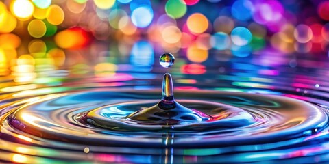 Water drop creating ripple effect in still pool with colorful bokeh background, water, drop, ripple, effect, pool, colorful