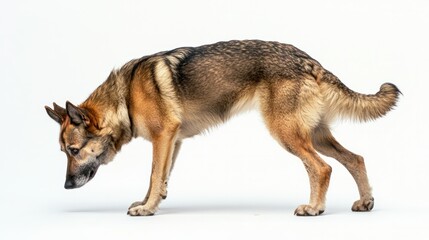 Obraz premium A German Shepherd looking slightly downward, standing tall yet tranquil, white background