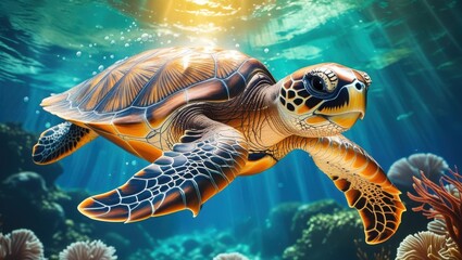 Fototapeta premium A majestic sea turtle, its shell a warm, mottled brown, swims in the crystal-clear ocean's depths, its flippers propelling it effortlessly through the water, as vibrant blue and green hues of the surr