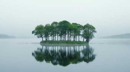 Misty Lake Isle: Tranquil Wide Shot Photo. AI Generated