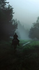 A lone knight on horseback traveling through dense fog in a misty, mysterious landscape at dawn