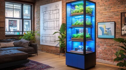 Modern Indoor Vertical Garden  Sustainable Home Design  Blue Cabinet  Plants  Blueprint