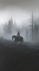 Solitary knight riding through a misty landscape, shrouded in thick fog, creating a haunting medieval scene