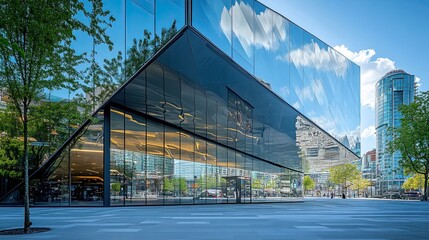 Obraz premium view from the bottom of a contemporary, geometric, glass building with a distinctive style and futuristic architecture ---694ddd8b5f9b