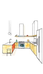 Fototapeta premium Modern Kitchen Sketch: Hand-Drawn Design Illustration. AI Generated