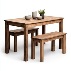 Modern Wooden Dining Table with Stools and Decorative Items