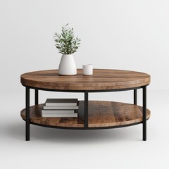 Modern Round Wooden Coffee Table with Green Plant Decoration