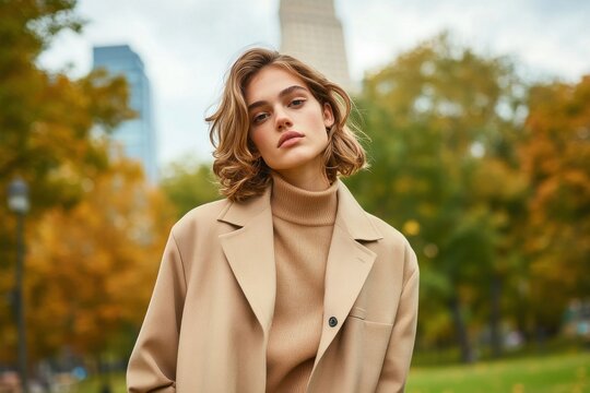 Stylish Young Woman Posing Outdoors in Autumn Fashion with Soft Natural Light Surrounded by Colorful Trees in a City Park Setting
