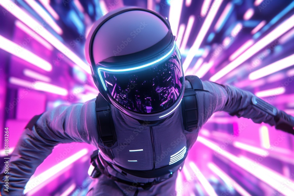 Poster futuristic astronaut in space suit surrounded by neon lights in a dynamic, digital environment, repr