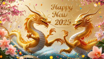 Vibrant golden dragons, adorned with intricate scales and majestic horns, dance amidst a whirlwind of colorful flowers and swirling confetti, celebrating the dawn of a new year, 2025, in a majestic an
