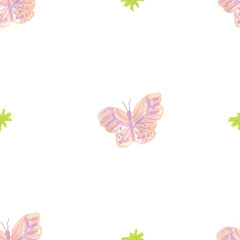 Tropical flowers and birds wax crayons seamless pattern on white insulated background. Textural and botanical repeating pattern. Design for textiles, wrapping paper and wallpaper.