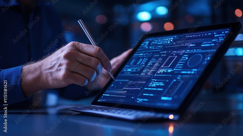 Poster person is engaged in data analysis on a tablet, surrounded by a modern digital workspace filled with