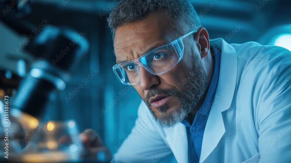 Poster focused scientist in a lab coat analyzes samples with a microscope, concentrating intently on the re