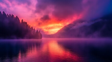 Obraz premium Vibrant Sunrise Over Misty Lake Photo. AI Generated