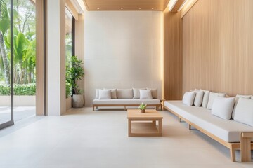 Fototapeta premium Serenity in Modern Design: Bright and Inviting Indoor Space with Natural Light, Minimalist Furniture, and Lush Greenery for Relaxation and Inspiration
