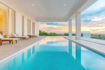 Fototapeta premium Luxurious modern poolside retreat with serene sunset view showcasing stylish lounge chairs and elegant architecture for ultimate relaxation and leisure