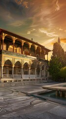 Grand arches and detailed mosaics define the intricate architecture of a Sultan's palace.