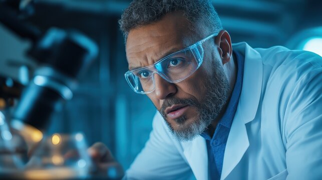 focused scientist in a lab coat analyzes samples with a microscope, concentrating intently on the research in a well-equipped laboratory filled with scientific equipment